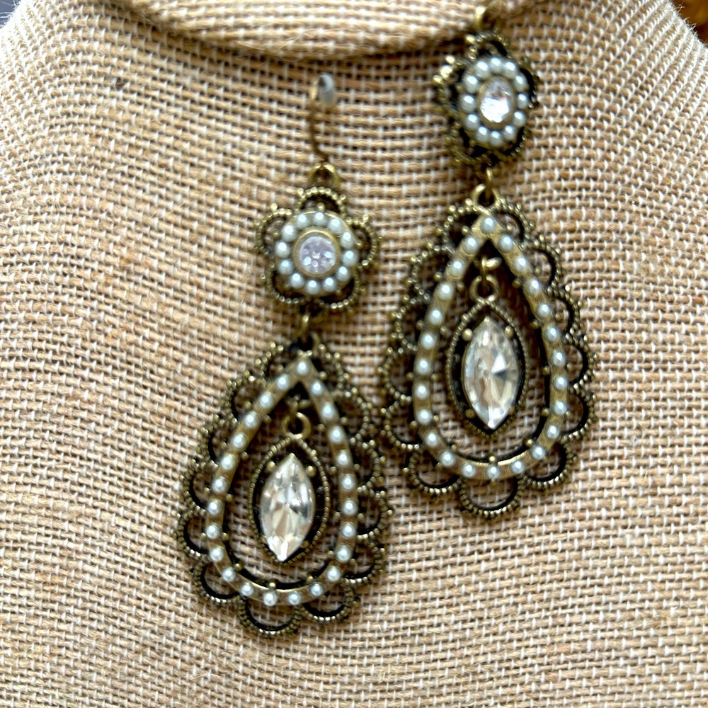 Pretty statement earrings, antique gold tone, 3”